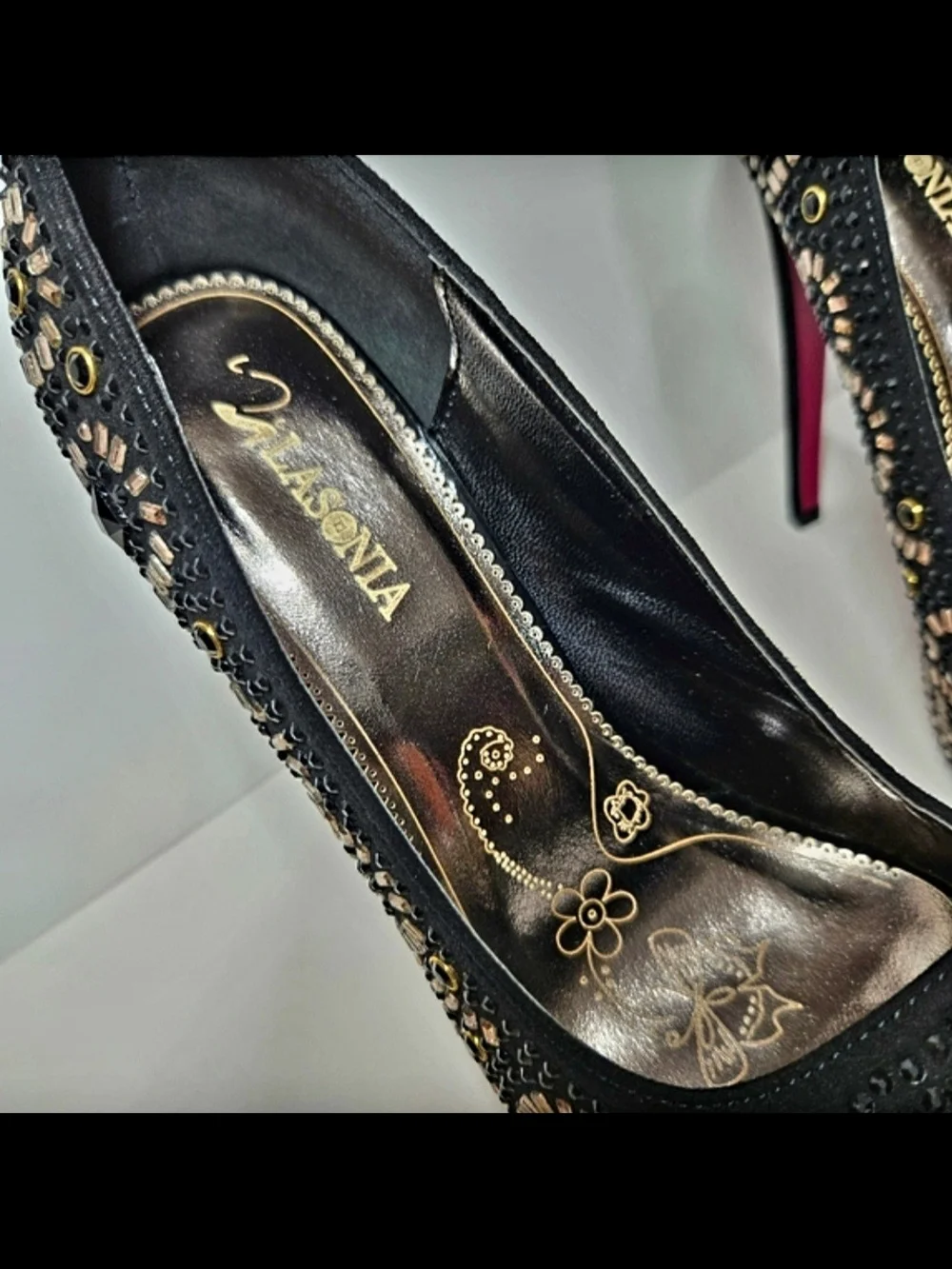 NEW Lasonia Black Rhinestone Platform Heels Open Peep Toe Stiletto Size 6 NIB